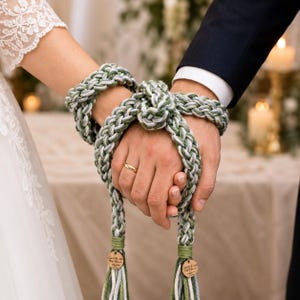 Puede incluir: Un cordón de boda trenzado en tonos verdes y blancos, atado alrededor de dos manos. El cordón presenta borlas decorativas y etiquetas de madera. Se ve una alianza de oro en una mano. El fondo está borroso, sugiriendo una ceremonia.