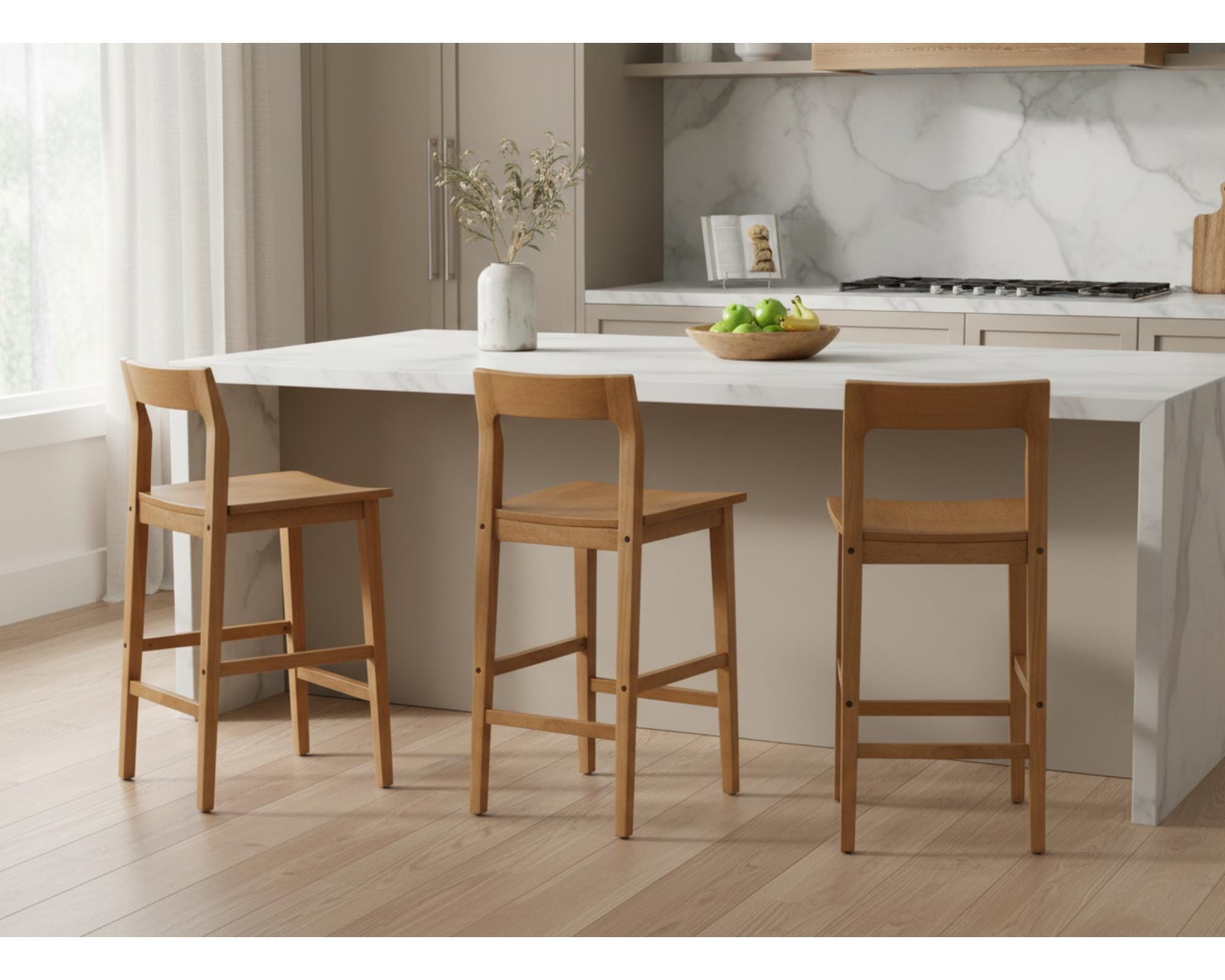 Set of 3 Solid Wood Counter Height Bar Stools, Farmhouse Kitchen ...