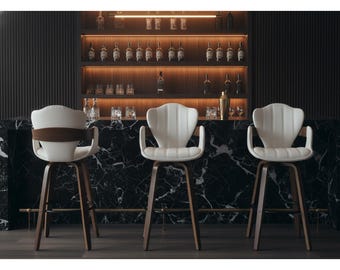 Bar Stools Set of 2, Mid Century Modern Bar Stools, White Faux Leather Kitchen Counter Stools with Arms, Swivel Bar Stool Chairs, Walnut