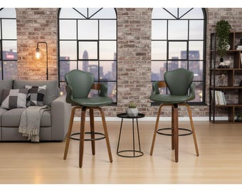 Bar Stools Mid Century Modern, Green Upholstered Faux Leather Bar Stool Chair with Arms, Walnut Wood Frame Kitchen Counter Bar Stool,