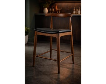 Wooden Bar Stool Chair, Counter Height, Mid-Century Modern, Dark PU Leather Cushion