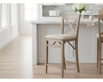 Wooden Folding Bar Stool, 24 Inch Seat Height, Cross Back Design, Rustic Kitchen Stool