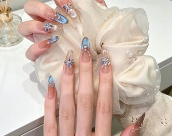 Handmade Long Almond Press On Nails, Blue Gradient Butterfly Rhinestone Jelly Nails