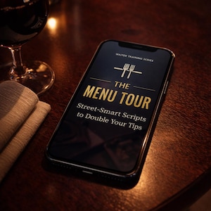 Op de afbeelding: Een smartphone met de tekst "The Menu Tour" uit de "Waiter Training Series", met de tekst "Street-Smart Scripts to Double Your Tips". De telefoon ligt op een donkere houten tafel, naast een wijnglas en een gevouwen servet.