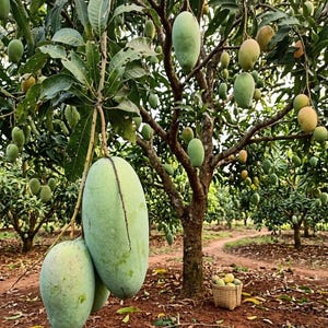 May include: A mango tree laden with green and yellow mangoes. Several large, green mangoes hang from a branch in the foreground. A woven basket of mangoes sits at the base of the tree. The image is taken in an orchard.