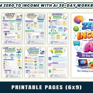 May include: A 30-day workbook titled From Zero to Income with AI, featuring a cover with a brain, rocket, and robot, alongside seven instructional pages covering topics like profile setup, portfolio creation, branding, and competitor research.