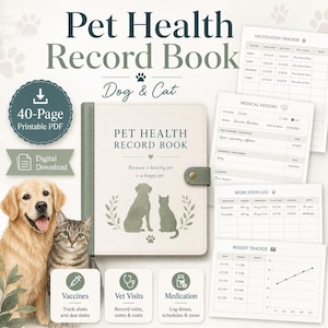 Può includere: Un libretto sanitario per animali di 40 pagine in formato PDF stampabile per cani e gatti. La copertina presenta un'illustrazione di un cane e un gatto con il testo Pet Health Record Book. Include pagine per vaccini, storia clinica e peso.