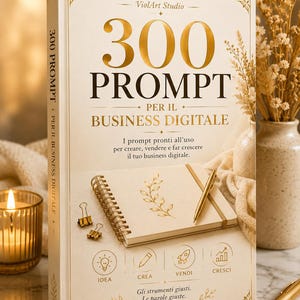 Può includere: Un libro con copertina rigida intitolato 300 PROMPT PER IL BUSINESS DIGITALE di ViolArt Studio. La copertina presenta uno sfondo color crema con testo dorato, l'illustrazione di un quaderno a spirale, due clip dorate, una penna dorata e quattro icone etichettate IDEA, CREA, VENDI, CRESCI.