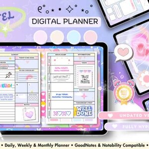 Può includere: Un'agenda digitale a tema pastello, con layout giornalieri, settimanali e mensili. L'agenda include sezioni per obiettivi, affermazioni e attività. L'immagine mostra anche una penna stilo e altri dispositivi digitali con visualizzazioni del calendario. Il testo include "Digital Planner" e "Undated Version."