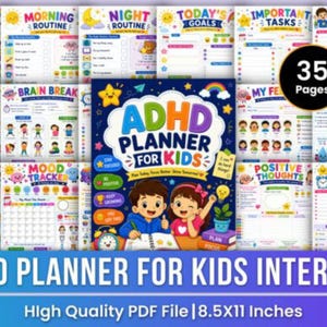 May include: ADHD Planner for Kids, with 35 pages of colourful, illustrated templates. Includes sections for daily routines, goals, mood tracking, and more. The planner is 21.59 x 27.94 cm.