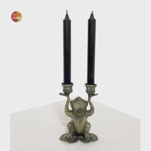 Vintage Brass Frog Table Candle Holder Two Candles, Made in 1930's, decorative object from Southeast Asia