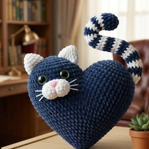 Könnte beinhalten: Ein herzförmiges Katzenplüschtier in Marineblau mit weißen Ohren, einer rosa Nase und grünen Augen. Die Katze hat weiße Schnurrhaare und einen gestreiften blau-weißen Schwanz. Das Plüschtier befindet sich auf einer Holzoberfläche.