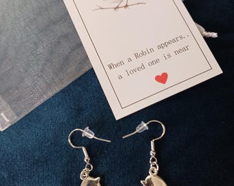 Handmade Silver Tone Robin Earrings with Keepsake Card and Organza Bag