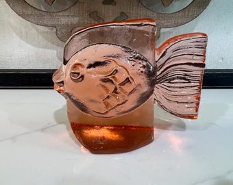 Vintage Mid Century moderne strukturierte Kunst Glas Fisch Skulptur Briefbeschwerer.