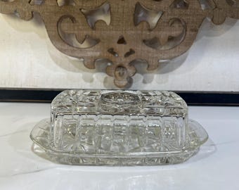 Vintage Anchor Hocking Early American Prescut Glass Covered Butter Dish, Star of David EAPC Mid-Century Clear Pressed Glass Butter Keeper