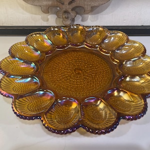 Vintage Indiana Glass Marigold Carnival Glass schaal voor gevulde eieren, hobnail iriserend amberkleurig bord, mid-century modern, gastgeschenk, paasdecoratie