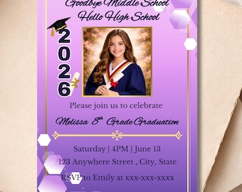 Plantilla de invitación de graduación para chicas de secundaria | Plantilla editable de Canva | Invitación de graduación imprimible | Invitación para chicas de secundaria |
