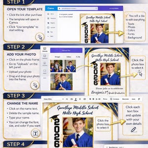 Puede incluir: Un tutorial de Canva para crear una invitaci&oacute;n de graduaci&oacute;n. La gu&iacute;a muestra c&oacute;mo agregar una foto, cambiar el nombre y editar los detalles del evento. La invitaci&oacute;n presenta a un graduado con una toga azul y el a&ntilde;o 2026.