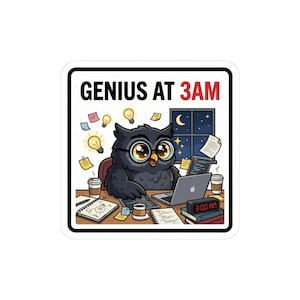 Genius at 3AM Owl Sticker, Funny Programmer Meme, Night Coding Humor, Developer Gift, Night Owl Coding Laptop Sticker