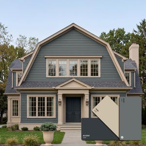 Può includere: Una casa a due piani con esterno grigio scuro, finiture beige e tetto grigio scuro. La porta d'ingresso è grigio scuro e ci sono diverse finestre. Sono incluse campioni di colore per finiture, corpo e colori di accento.