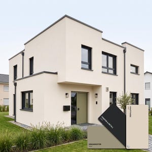 May include: A two-storey house with cream-coloured exterior walls, dark grey window frames, and a muted olive green front door. A colour palette card is displayed in the foreground, featuring the labels HAUPTFARBE, FENSTER & METALL, and EINGANGSTÜR.