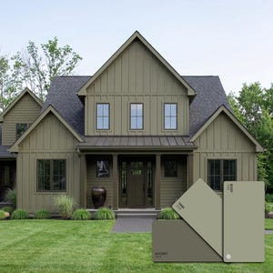 Puede incluir: Una casa de dos pisos con revestimiento verde oliva, un techo oscuro y un porche. La casa tiene múltiples ventanas y un césped bien cuidado. Se muestran muestras de color para molduras, cuerpo y colores de acento.