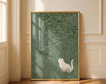 Minimalist Japanese White Cat Art Print – Zen Animal Poster, Retro Nature Decor, Ukiyo-e Style Wall Art, Oriental Print