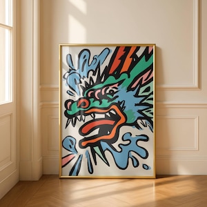 Abstract Dragon Head Art Print – Bold Pop Art Poster, Explosive Whimsical Artwork, Urban Wall Decor, Colorful Graphic Print
