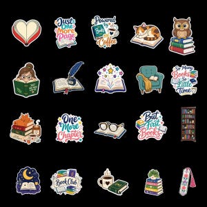 Bokälskare-klistermärkespaket | Tecknade bokliga läsvinylklistermärken (20-pack)