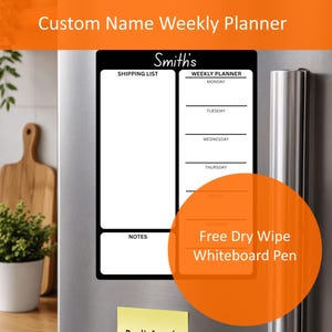 May include: A rectangular magnetic weekly planner board with a black border and white background. The text reads Smith's, SHIPPING LIST, WEEKLY PLANNER, MONDAY, TUESDAY, WEDNESDAY, THURSDAY, FRIDAY, SATURDAY, and NOTES. Includes a free dry wipe whiteboard pen.