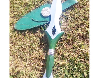 Handcrafted Celtic Triquetra Athame with Green Leather Sheath, Decorative Ritual Dagger, Norse Viking Style Collectible