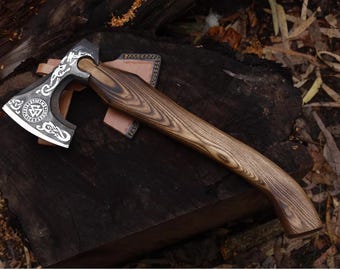Hand Forged Viking Style Axe, Carbon Steel Decorative Axe with Leather Sheath, Handmade Ash Wood Handle, Rustic Gift for Father