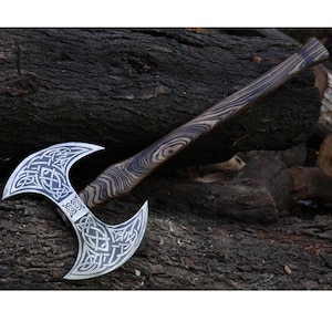 Hand Forged Carbon Steel Double Head Axe, Viking Style Decor Axe, Ash Wood Handle, Leather Sheath Included, Rustic Groomsmen Gift