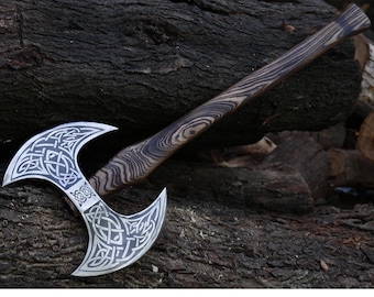 Hand Forged Carbon Steel Double Head Axe, Viking Style Decor Axe, Ash Wood Handle, Leather Sheath Included, Rustic Groomsmen Gift