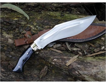 Handmade 15" Carbon Steel Kukri Knife, Black Resin Handle, Leather Sheath Outdoor Tool