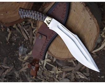 Handmade Kukri Style Carbon Steel Knife 15" | Engraved Pakka Wood Handle | Damascus Pattern Blade | Leather Sheath Included | Gift for Him
