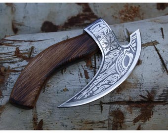 Handmade Viking Pizza Axe Cutter, Carbon Steel, Ash Wood Handle, Leather Sheath (9-inch)