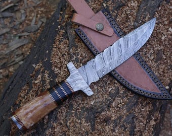Handmade Damascus Steel Bowie Knife, Engraved Bone Wood Handle, Leather Sheath Included
