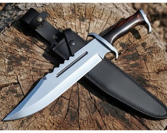 Hand Forged Rambo III Knife – 5160 Steel Blade, Rosewood Handle, Leather Sheath