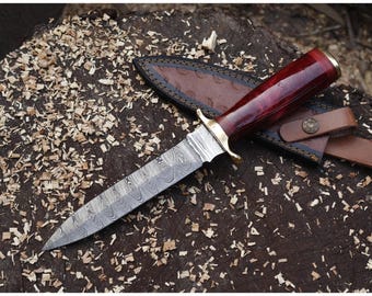 Handmade Damascus Steel Knife, Resin Wood Handle, Forged Utility Knife, Leather Sheath