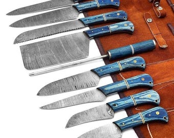 Custom Handmade 9-Piece Damascus Chef Knife Set, Blue Wood Handle Cutlery (Leather Roll)