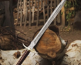 Damascus Steel Viking Sword Replica, Rosewood Brass Guard, Leather Sheath, Medieval Display