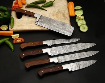5pc Handmade Damascus Kitchen Knife Set, Rosewood Handle Chef Knives with Leather Roll, Artisan Cooking Knife Set, Gift for Chef