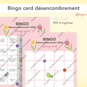 Può includere: Biglietti Bingo rosa stampabili con il testo "Bingo card désencombrement" e "Désencombrement 2026". I biglietti presentano illustrazioni di fiori e oggetti per la casa. È visibile anche il testo "A4 / A5 PDF da stampare".