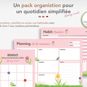 Op de afbeelding: Een roze printbaar plannerset met een habit tracker, weekplanner en opruim bingo kaart. De set bevat bloemen illustraties en de tekst "Spring reset". De planner is ontworpen om te helpen bij het organiseren van dagelijkse routines.