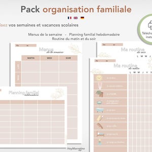 Family organization pack – Meal planner + Weekly planner + Children's routines (printable PDF) in French, English and German