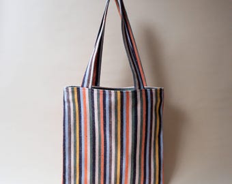 Cotton Canvas Tote Bag, Pastel Mix stripe, Handmade