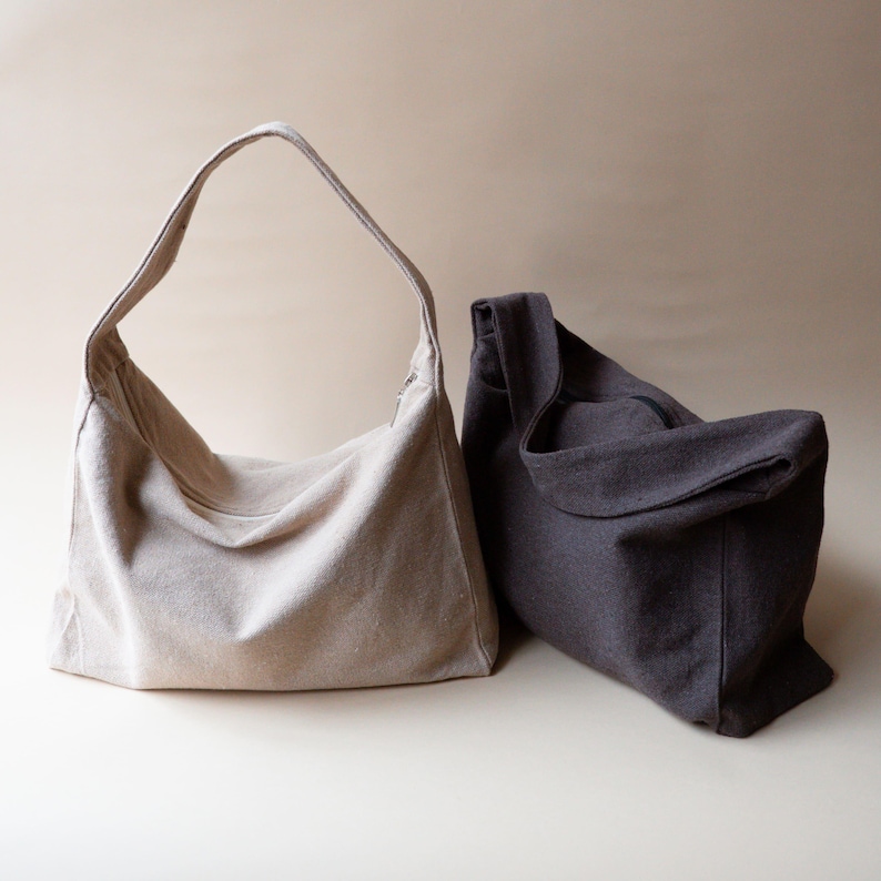 Cotton Canvas Slouchy Shoulder Bag, Brown colour, Handmade image 2