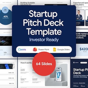 May include: A digital presentation template titled "Startup Pitch Deck Template" with the tagline "Investor Ready." The design features a dark blue background with white text and graphics. The template includes icons for Canva, PowerPoint, and Google Slides, and a red circle with the text "64 Slides."