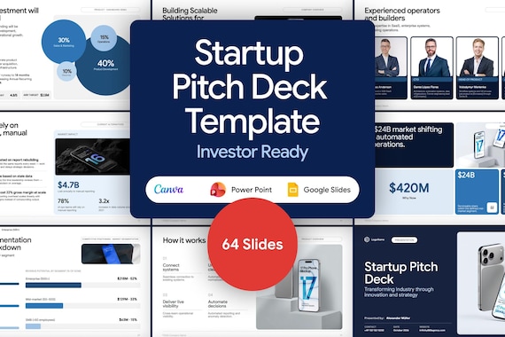 Startup Pitch Deck Template | 64 Slides | Investor Ready Presentation | Canva, PowerPoint & Google Slides | Business Pitch + Icon Pack